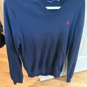 Ralph Lauren Navy V-Neck Sweater with Red Polo Logo